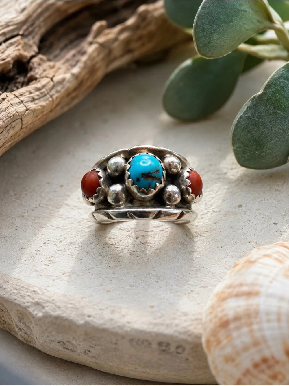 925 STERLING SILVER TURQUOISE CORAL ARTISAN SIGNED NAVAJO RING SIZE 6.5 Boho